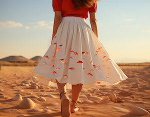 En kvinna som står på en sandstrand i en vacker sommarkjol